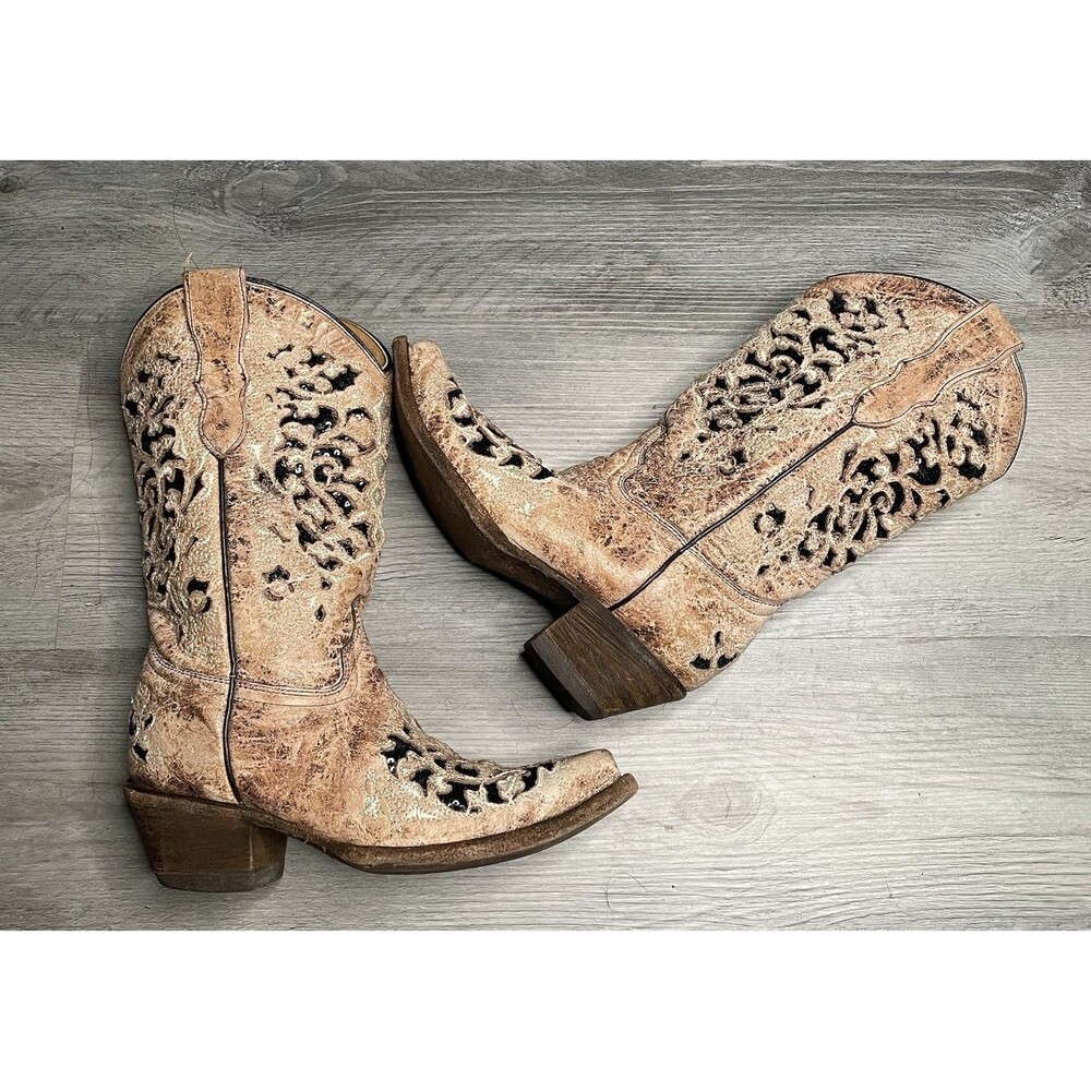 Corral Teens Boots A0045 Distressed Leather Black Glitter Sequin Inlay Size 3.5